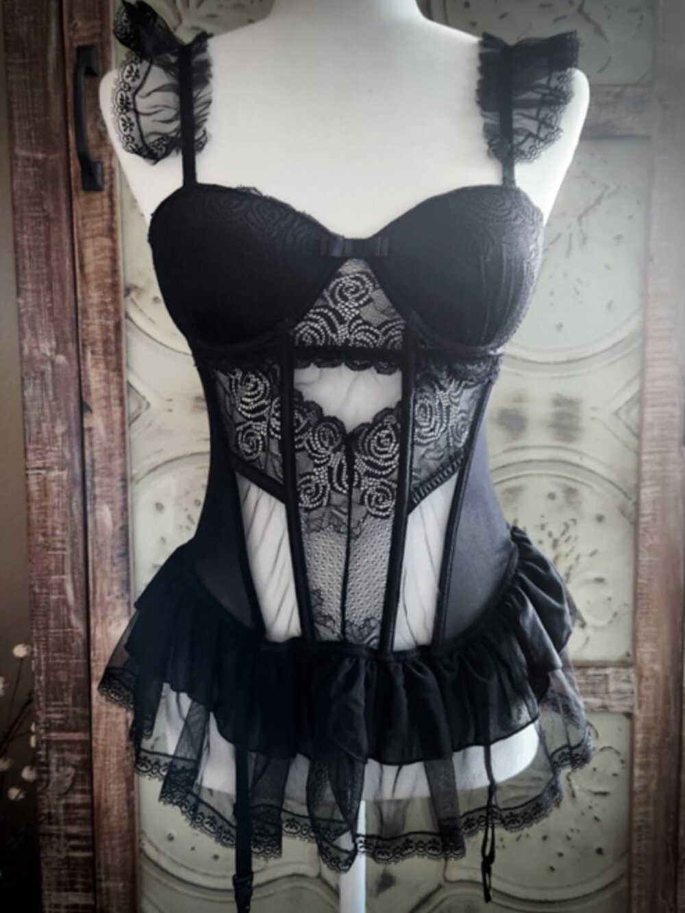 Cider Black Lace Corset Bustier with Ruffle Trim| Medium
